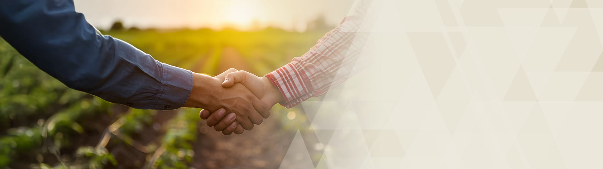 Homepage banner graphic featuring two farmers shaking hands in a field.